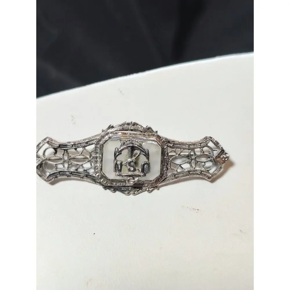 Vintage Sterling Silver USN Navy Mother of Pearl Art Deco Sweetheart Brooch